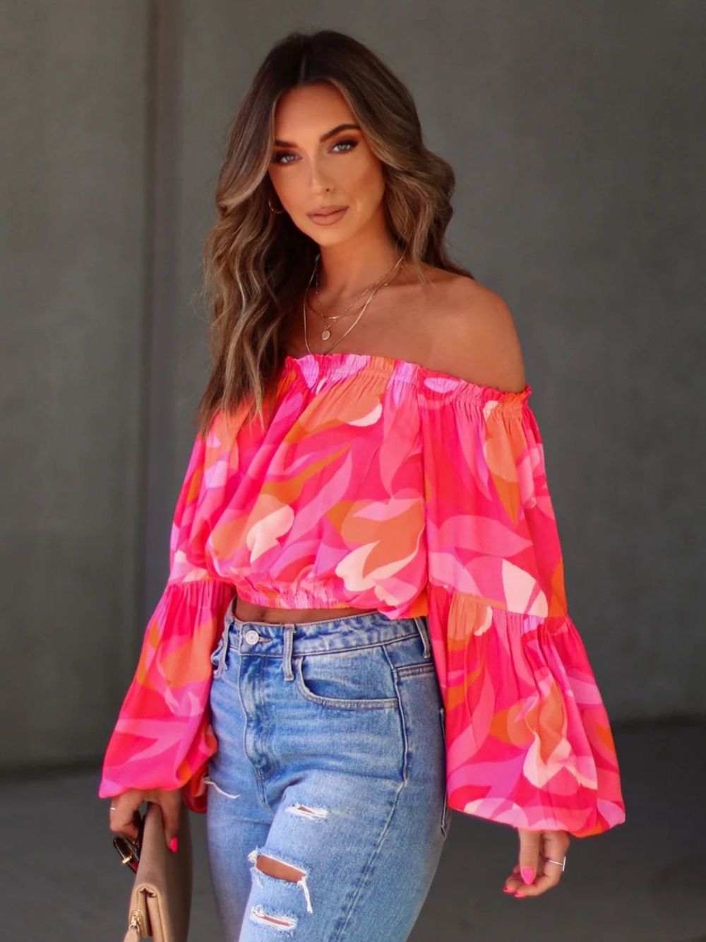 VICI Tropical Spring Printed Off The Shoulder Top in Fuchsia Size Med NWT